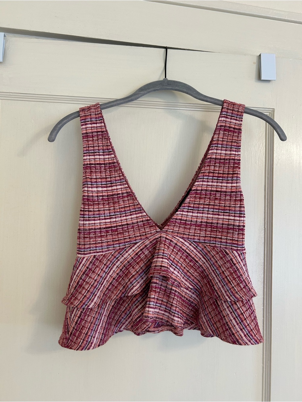 Women’s Pink Striped V-Neck Peplum Tank Top